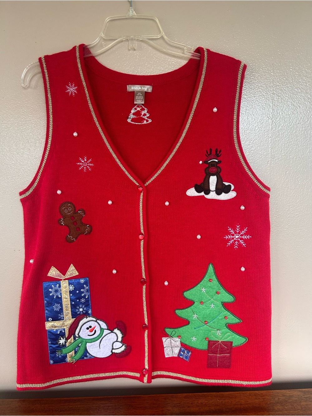 VTG White Stag Christmas Sweater Vest Women’s Red Presents Snowman Reindeer Sz L